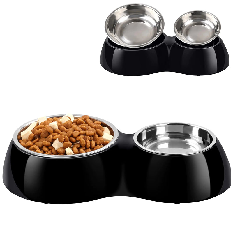 Petvillage Dual Dog/Cat Feeder Set: Medium & Large Stainless Bowls with Non-Slip Base - Black